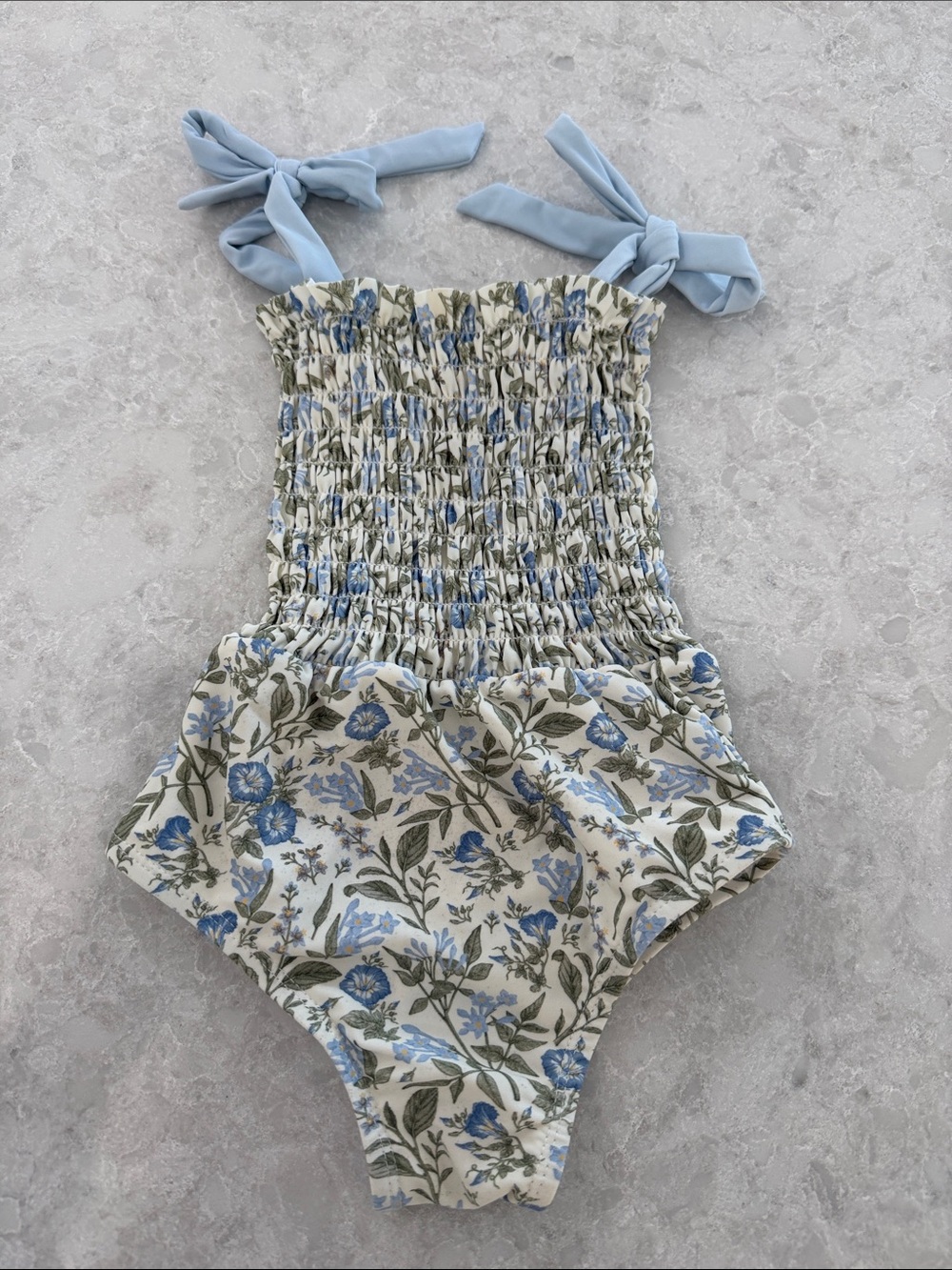 Starting Out Blue Floral Smocked One-Piece with Tie Straps